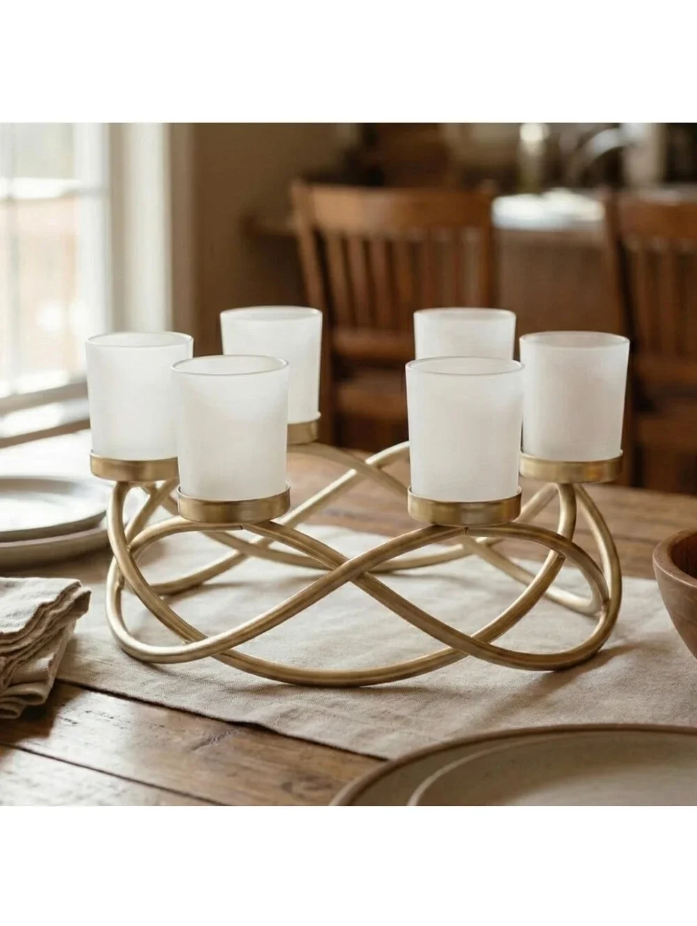 NWT 6-Tea Light Iron Spiral Candle Holder Centerpiece In Gold/Frosted Glass